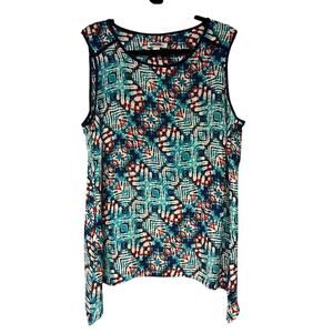 DB Women's Plus Size Shark Bite Geo Tribal Print Sheer Blue Tank Top Size 1X